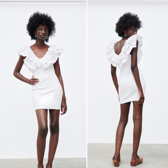 Zara Dresses & Skirts - Zara White Ribbed Bodycon Ruffle Sleeve Mini Dress - NEW - S 3253806250